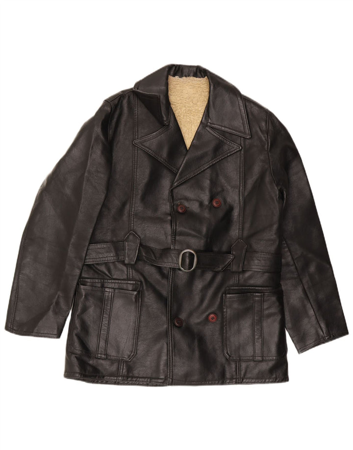 Jaqueta de couro vintage masculina com peito duplo Reino Unido 36 couro preto pequeno