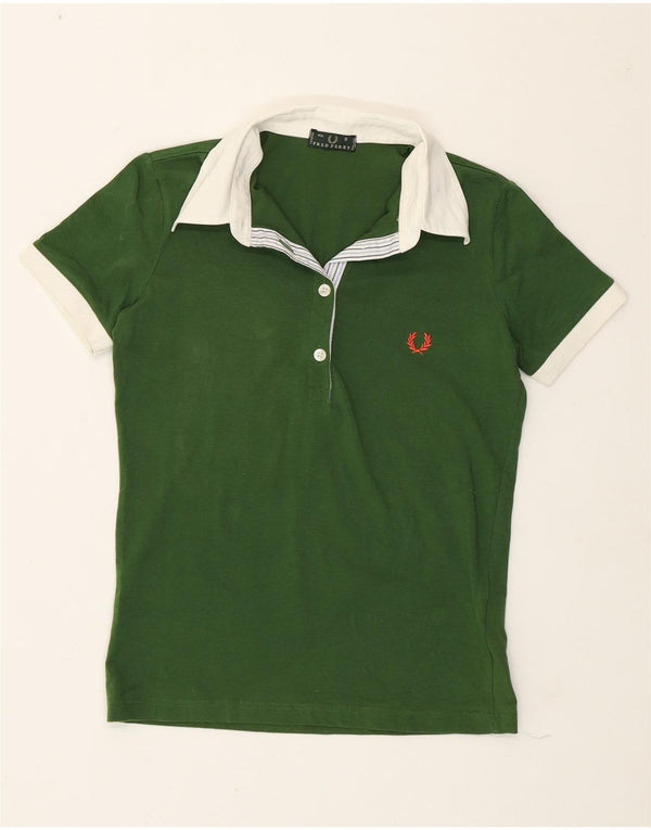 Camisa polo feminina de rugby Fred Perry Reino Unido 10 algodão colorblock verde pequeno
