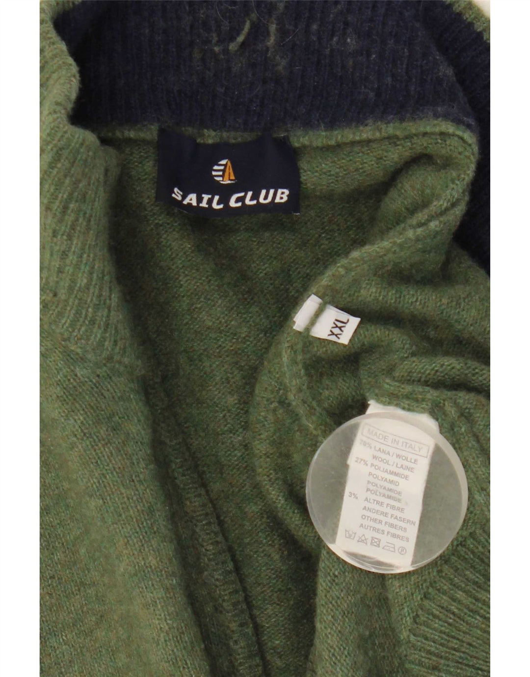 Suéter masculino vintage com zíper e pescoço 2XL de lã verde