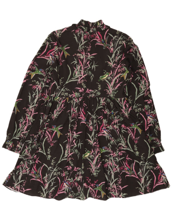 Vestido feminino Ted Baker de manga comprida em camadas tamanho 1 XS preto floral boêmio