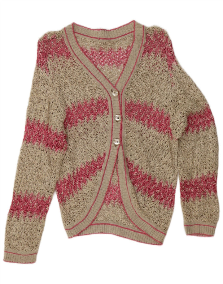 Suéter cardigã feminino vintage Reino Unido 14 listrado branco médio