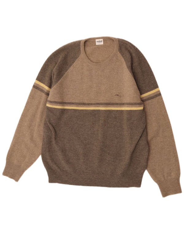 Suéter vintage masculino com gola redonda IT 52 XL marrom colorblock lã nova