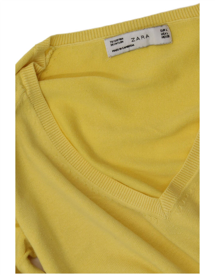 Suéter feminino ZARA com decote em V Reino Unido 14 grande algodão amarelo