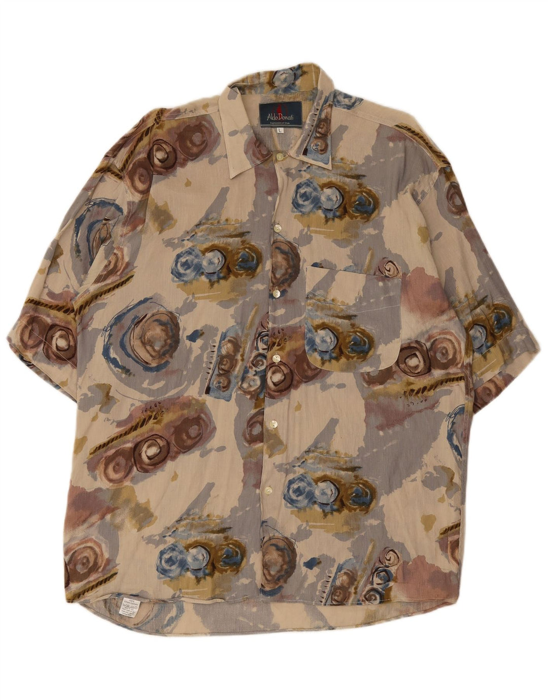 Vintage masculino abstrato Padrão manga curta Camisa grande linho bege