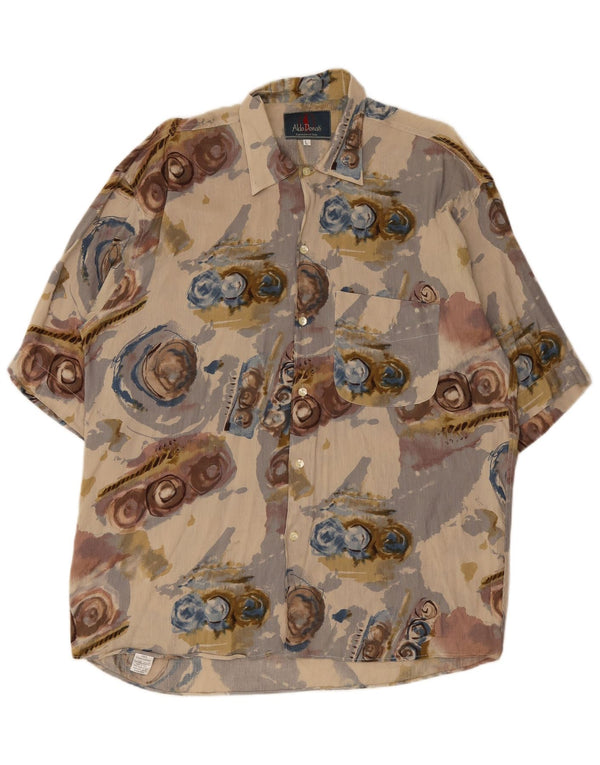 Vintage masculino abstrato Padrão manga curta Camisa grande linho bege