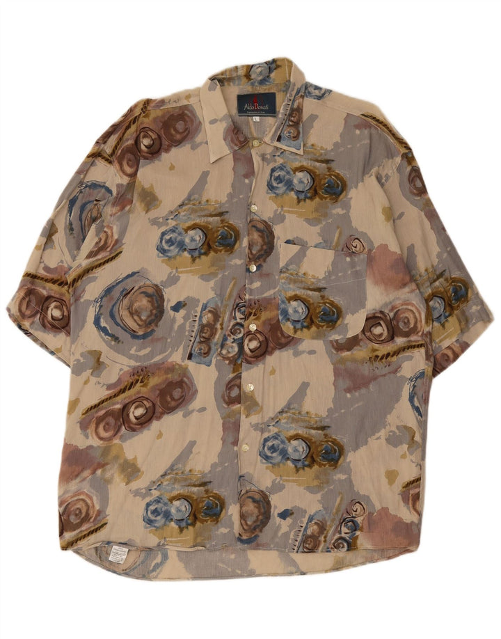 Vintage masculino abstrato Padrão manga curta Camisa grande linho bege