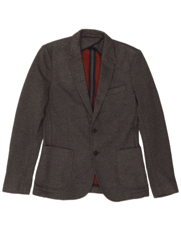 Jaqueta blazer masculina Zara com 2 botões EU 46 poliéster espinha de peixe cinza pequeno