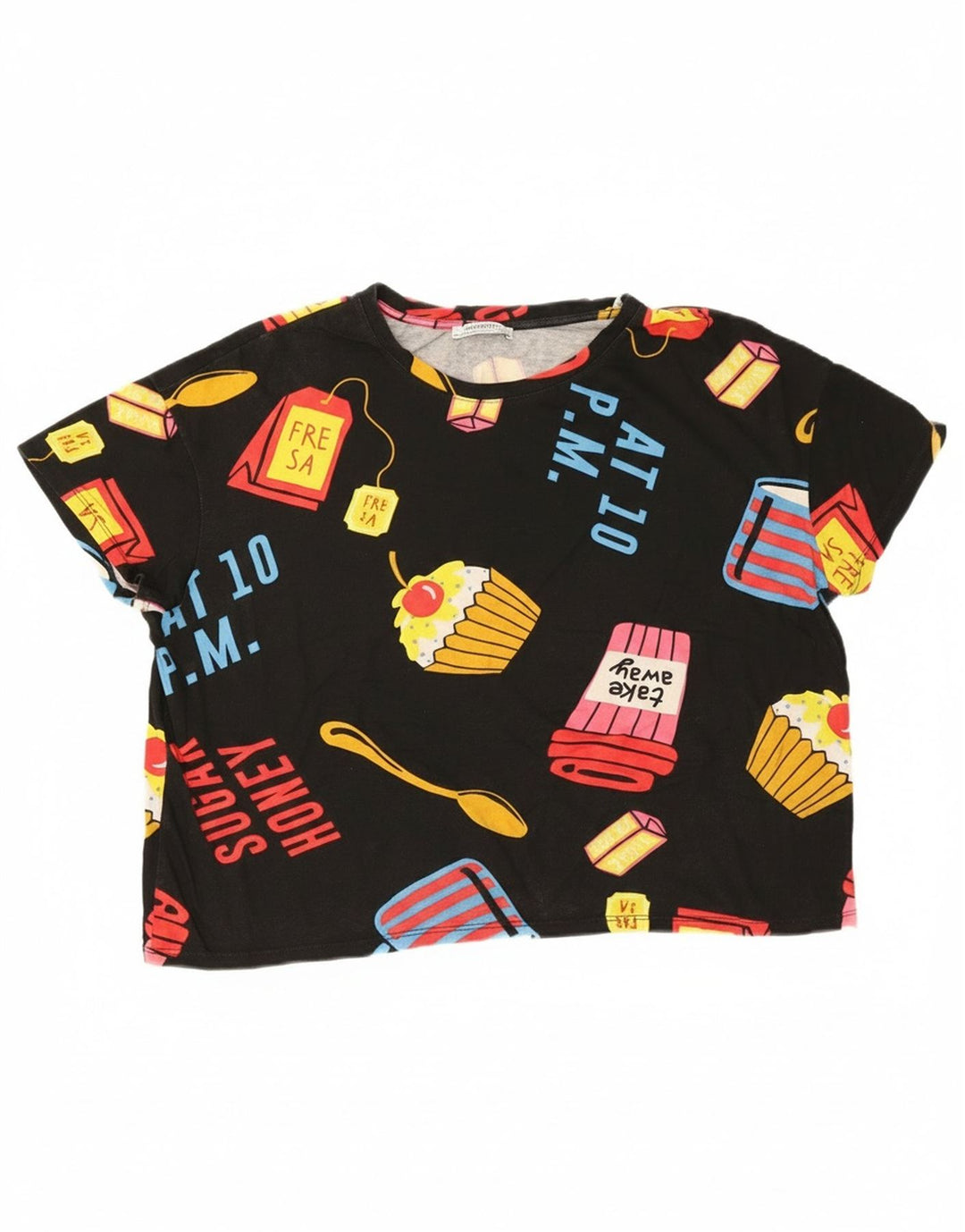Zara Womens Crop Oversized Graphic T-Shirt Top Reino Unido 14 Médio Preto