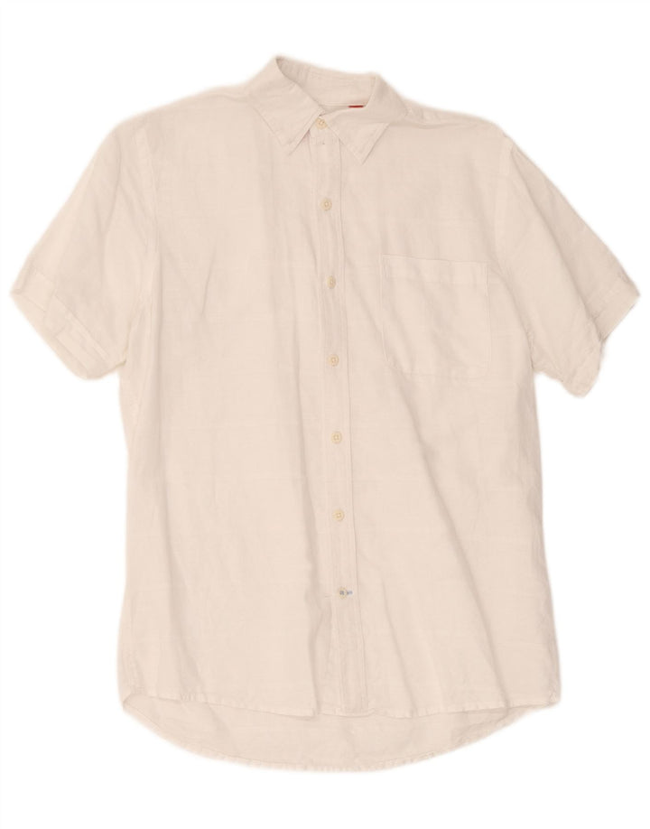 Camisa masculina de manga curta Izod, linho listrado branco médio