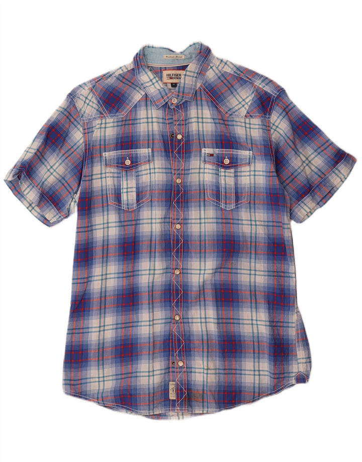 Camisa masculina Tommy Hilfiger de manga curta gráfica azul médio algodão xadrez