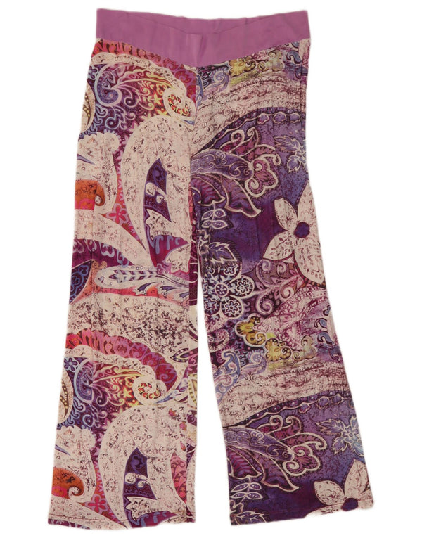 Calça feminina vintage de perna larga Reino Unido 12 médio W32 L30 roxo Paisley