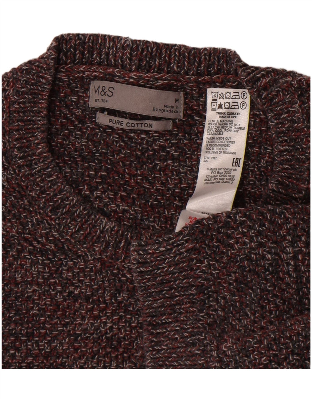 Suéter masculino Marks & Spencer com gola redonda, marrom médio manchado