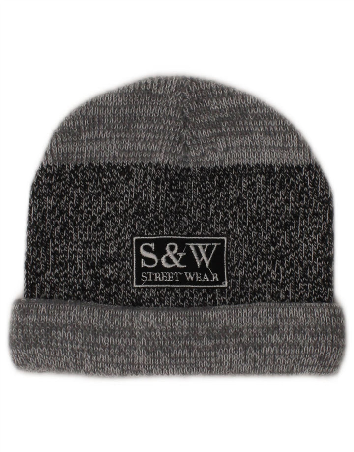 VINTAGE Mens Graphic Knit Beanie Hat One Size Grey Colourblock Classic