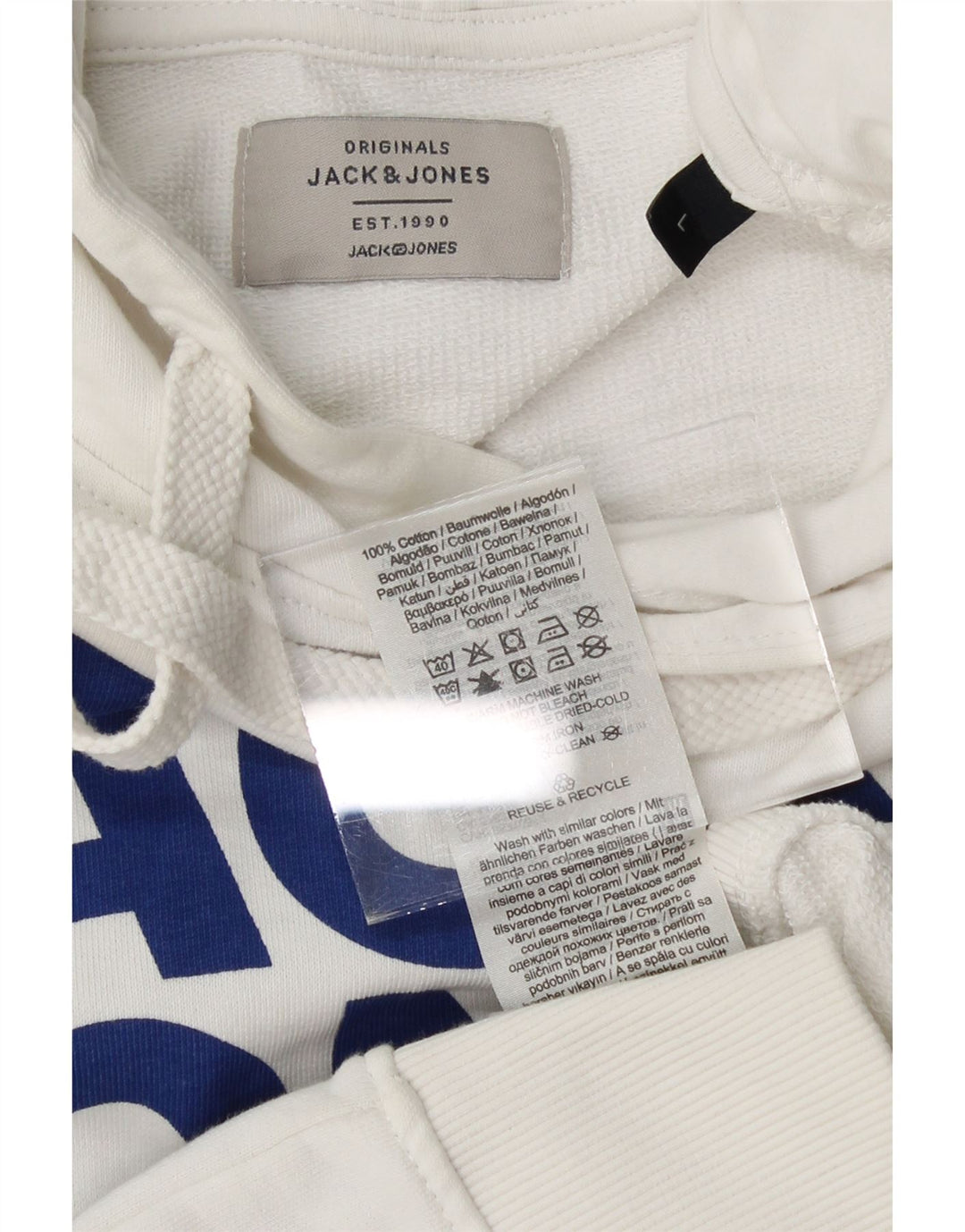 JACK & JONES Mens Graphic Hoodie Jumper Large White Cotton Vintage Jack & Jones and Second-Hand Jack & Jones from Messina Hembry 