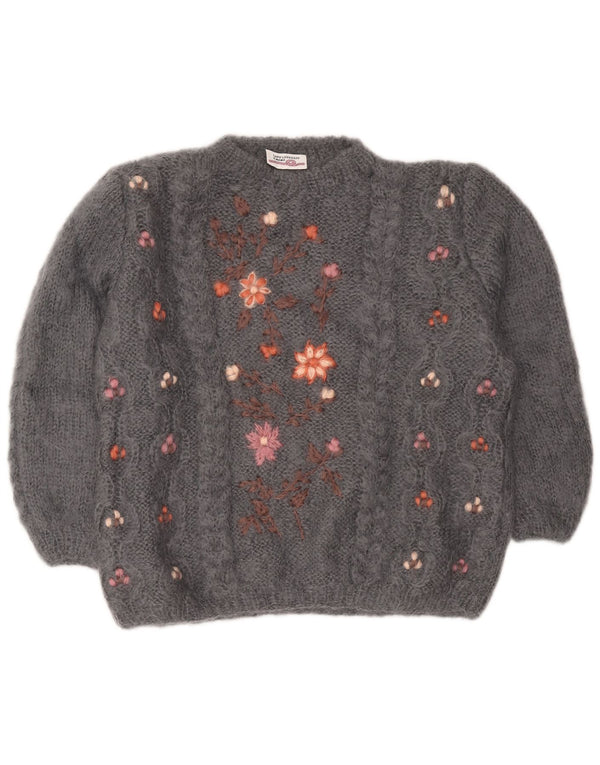 Suéter feminino vintage com gola redonda grande UK 18 XL cinza floral