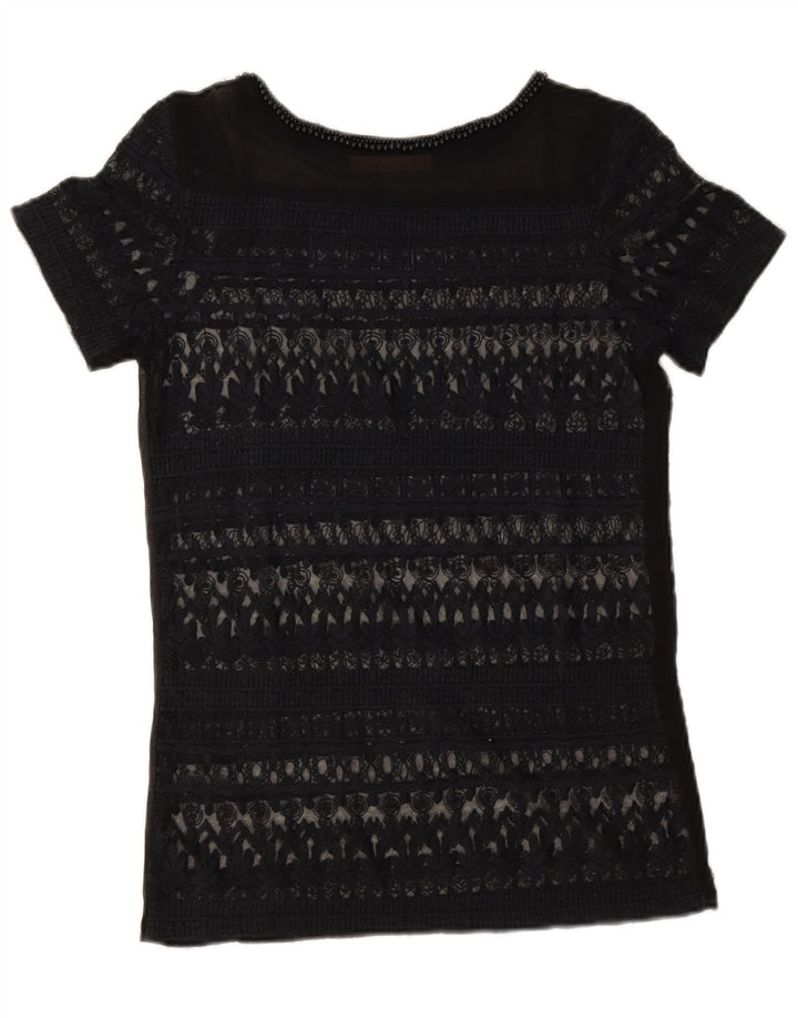 Top feminino Zara de renda transparente Reino Unido 6 XS azul marinho