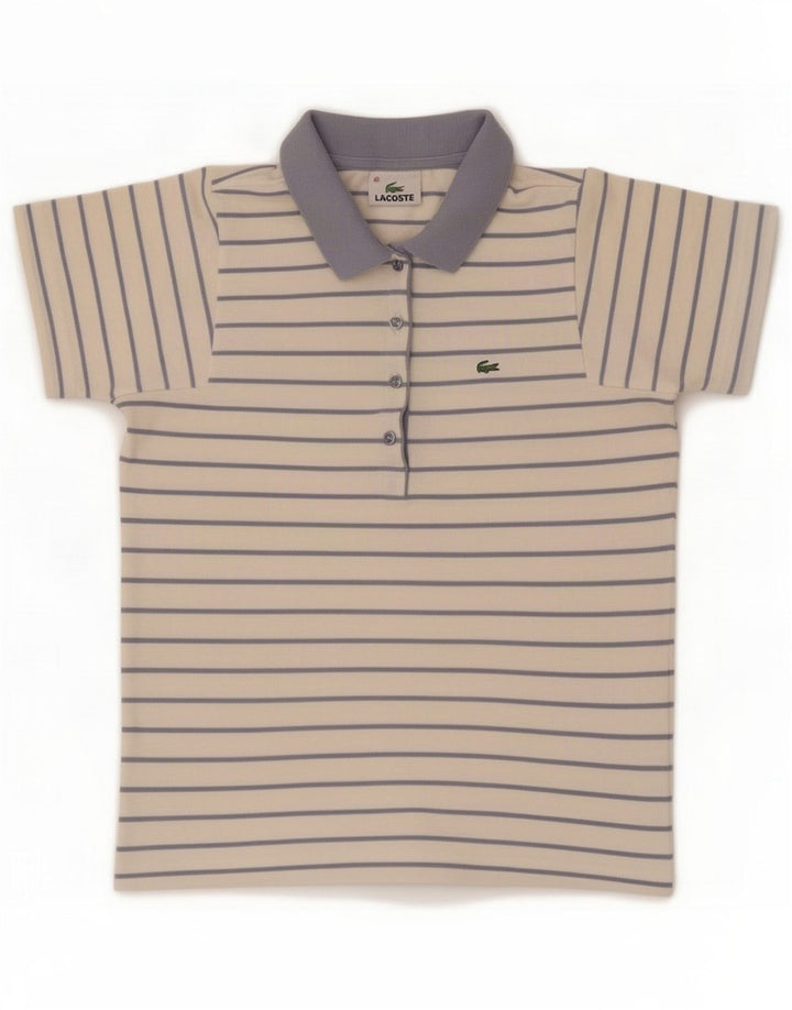 Camisa polo feminina Lacoste tamanho 40 algodão listrado branco médio