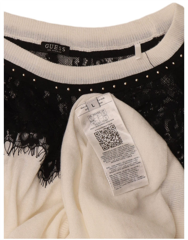 Suéter feminino Guess com gola canoa UK 12 bloco colorido branco médio