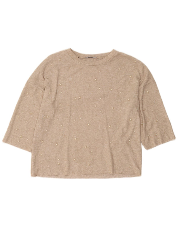 Pulôver feminino Trafaluc Zara manga 3/4 Reino Unido 10 pequeno bege manchado