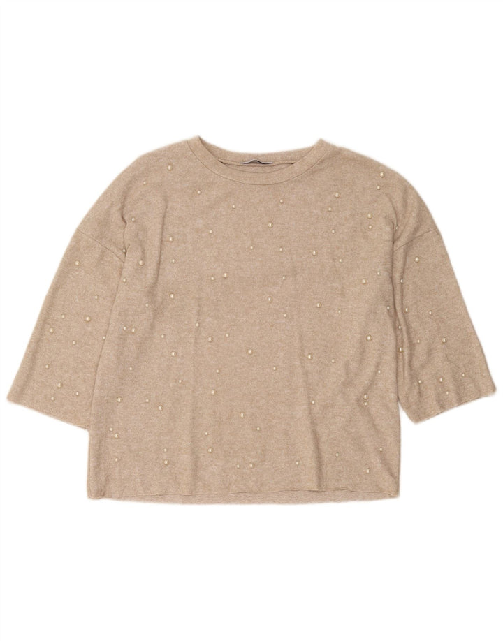 Pulôver feminino Trafaluc Zara manga 3/4 Reino Unido 10 pequeno bege manchado