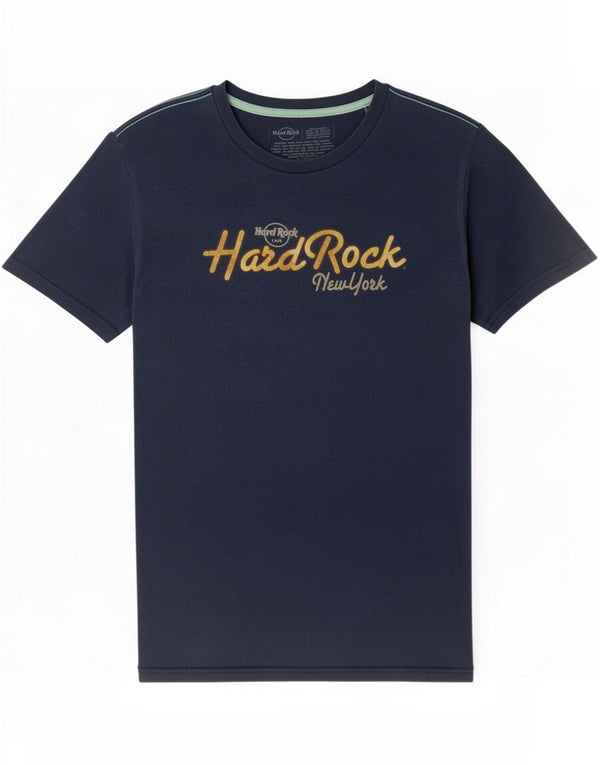 Camiseta masculina Hard Rock Cafe Nova York com estampa gráfica pequena de algodão azul marinho