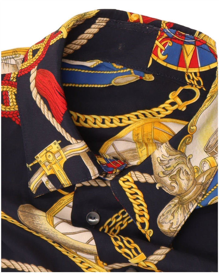 Camisa masculina vintage de manga curta com padrão abstrato azul marinho médio