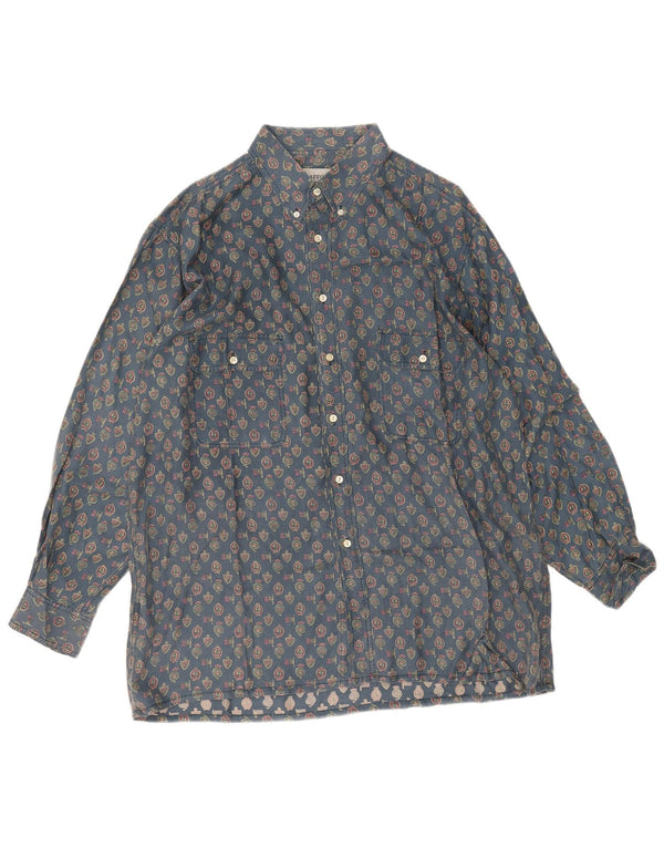 Vintage masculino abstrato padrão camisa 2XL seda geométrica azul