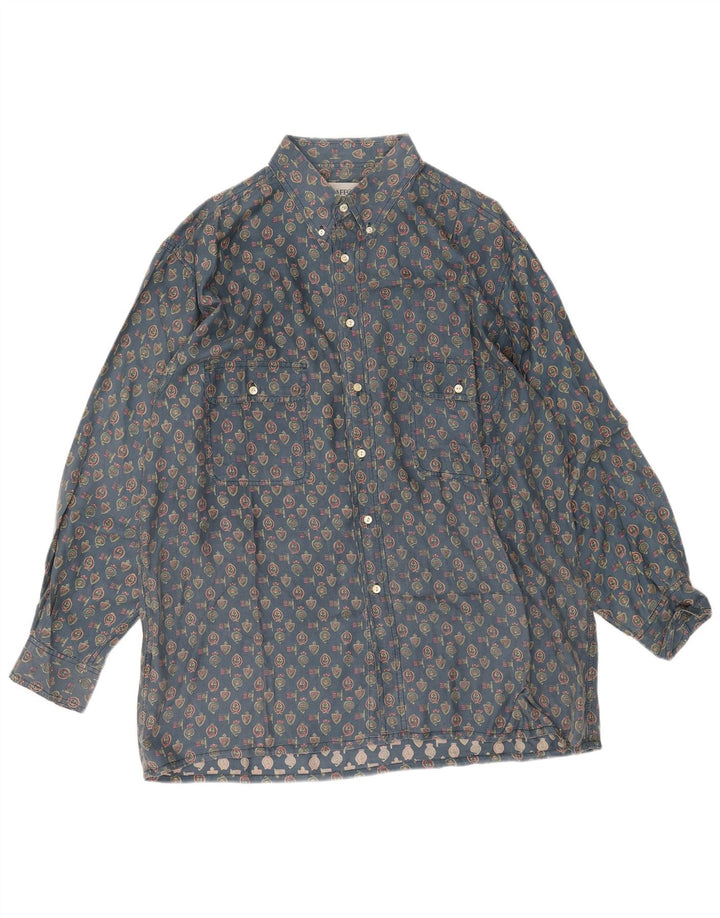 Vintage masculino abstrato padrão camisa 2XL seda geométrica azul