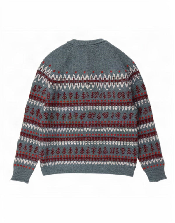 Suéter feminino branco com gola redonda, UK 14, médio, azul, Fair Isle
