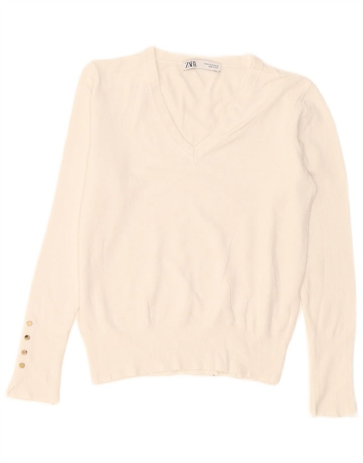 Suéter feminino Zara com decote em V UK 12 médio branco