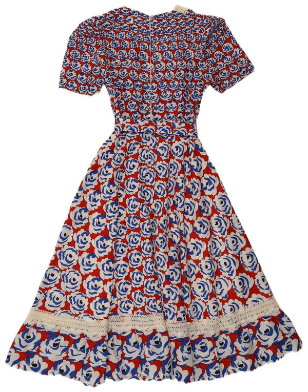 Vestido feminino vintage maxi linha A Reino Unido 8 pequeno vermelho floral retrô