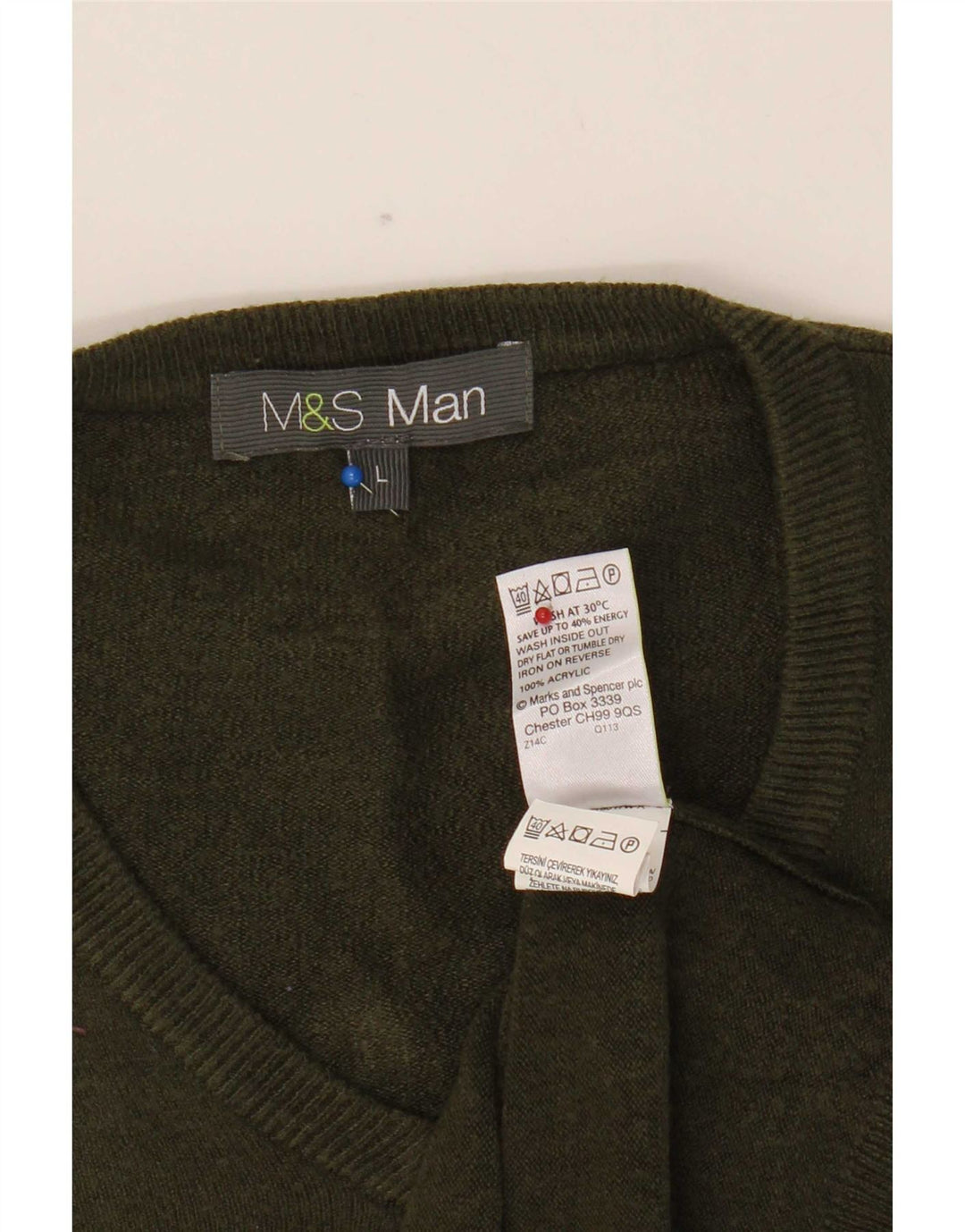 Suéter masculino Marks & Spencer com decote em V grande acrílico cáqui