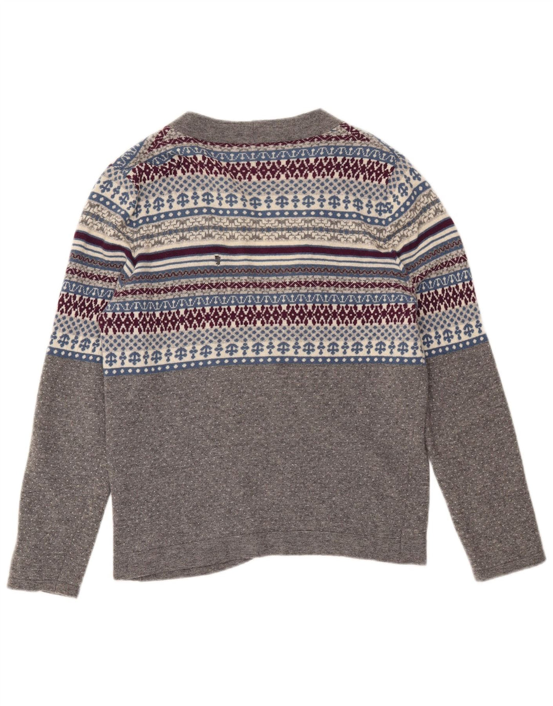 Suéter cardigã feminino Benetton Reino Unido 14 lã Fair Isle cinza médio