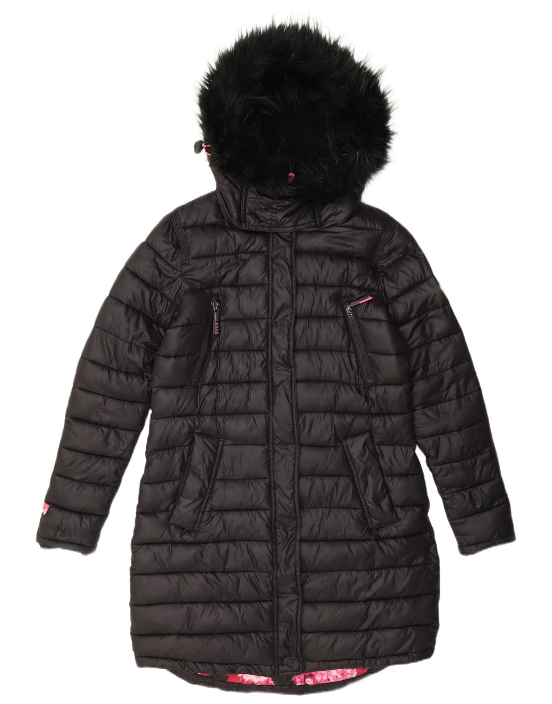 Casaco acolchoado com capuz feminino Superdry UK 12 médio preto nylon