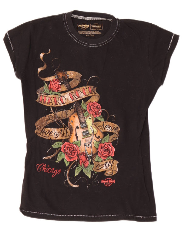 Camiseta feminina Hard Rock Cafe Chicago Graphic Top Reino Unido 8 algodão preto pequeno