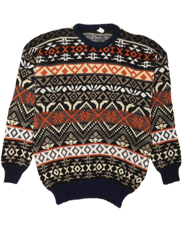 Suéter vintage masculino com gola redonda grande azul marinho Fair Isle acrílico