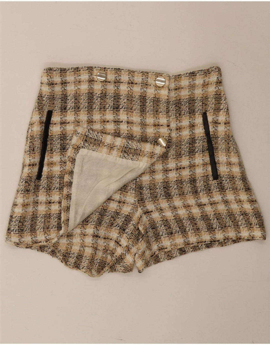 Zara Shorts feminino casual médio W28 poliéster xadrez marrom