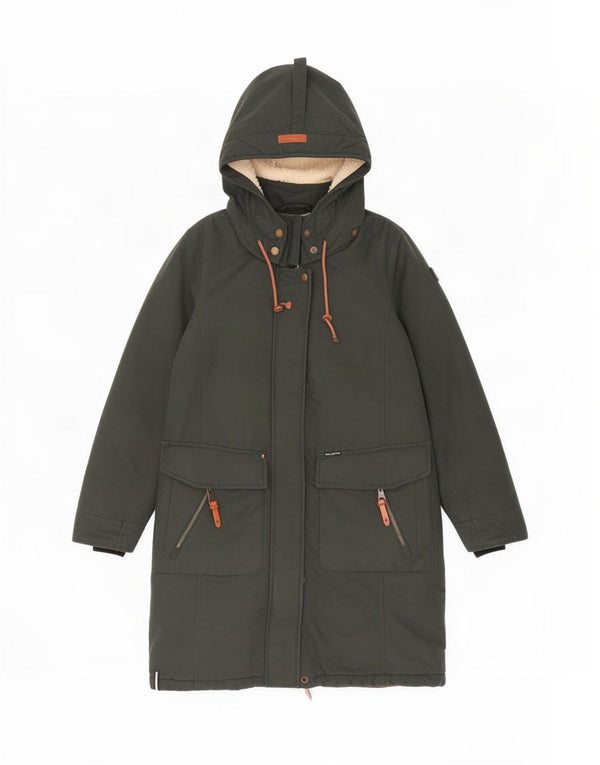Jaqueta feminina Parka Sherpa com capuz grande KHUJO Reino Unido 10 algodão cáqui pequeno
