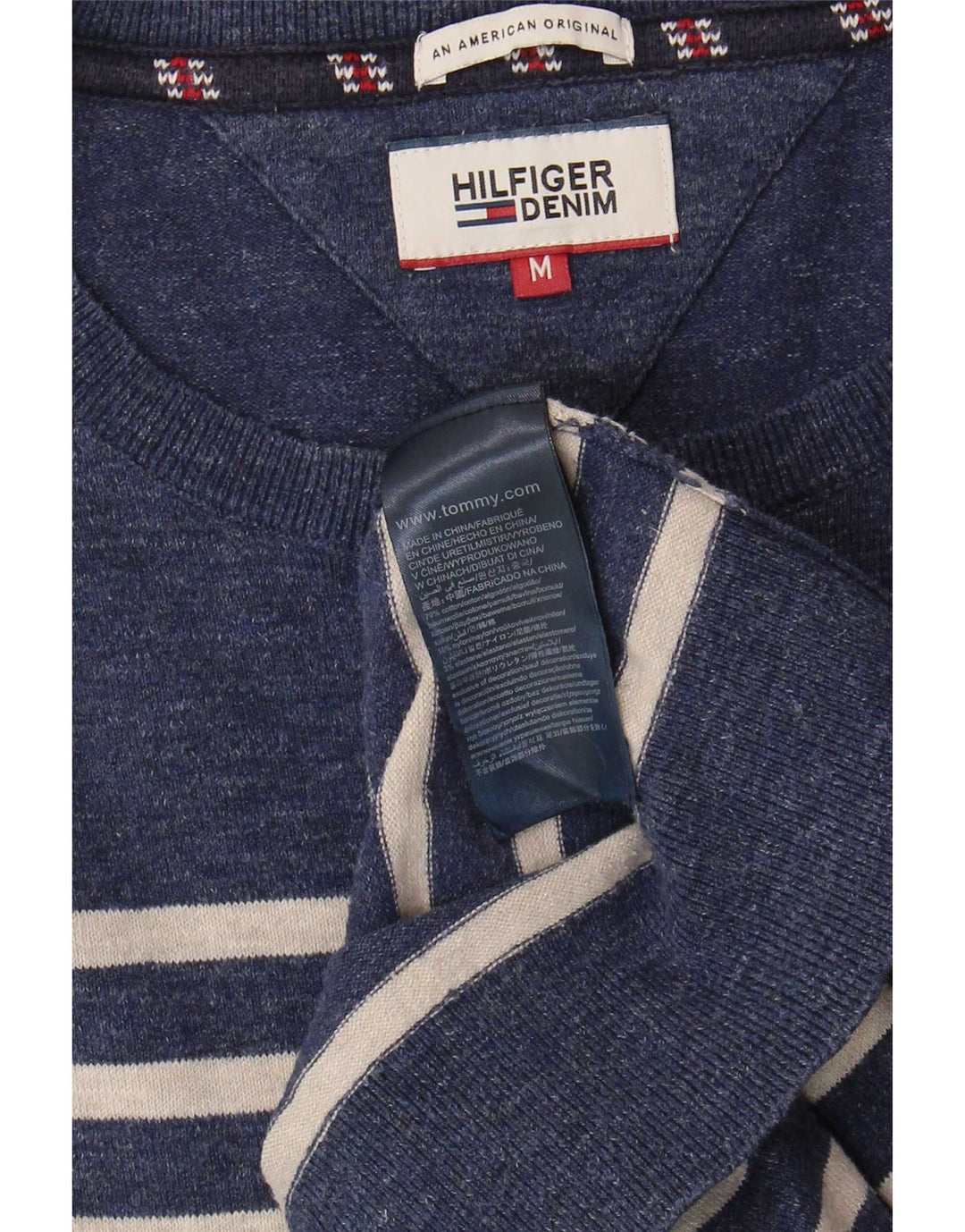 Tommy Hilfiger Suéter masculino com gola canoa médio listrado azul marinho