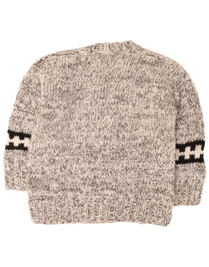 Suéter masculino vintage com decote em V cinza médio Fair Isle