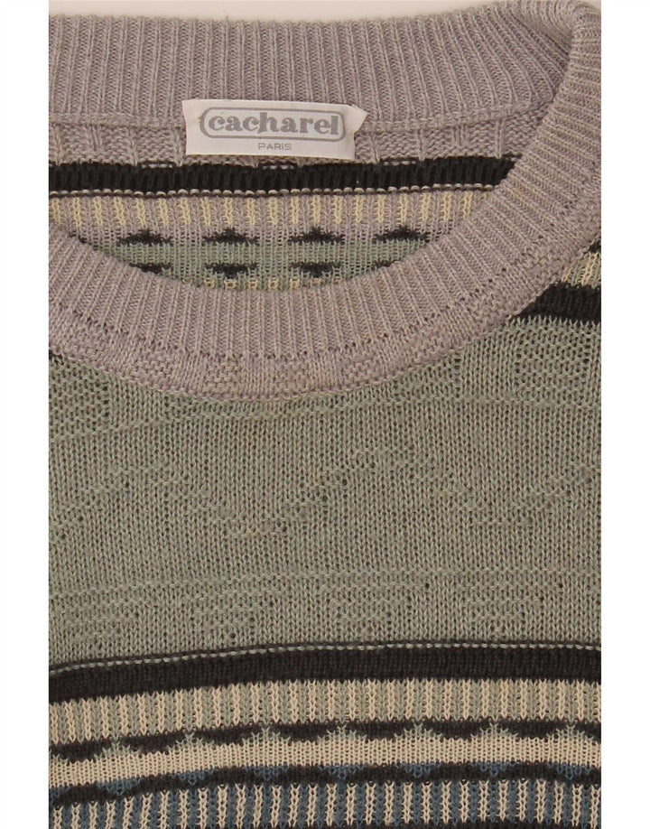 Suéter masculino Cacharel com gola redonda EU 52 grande bloco colorido verde