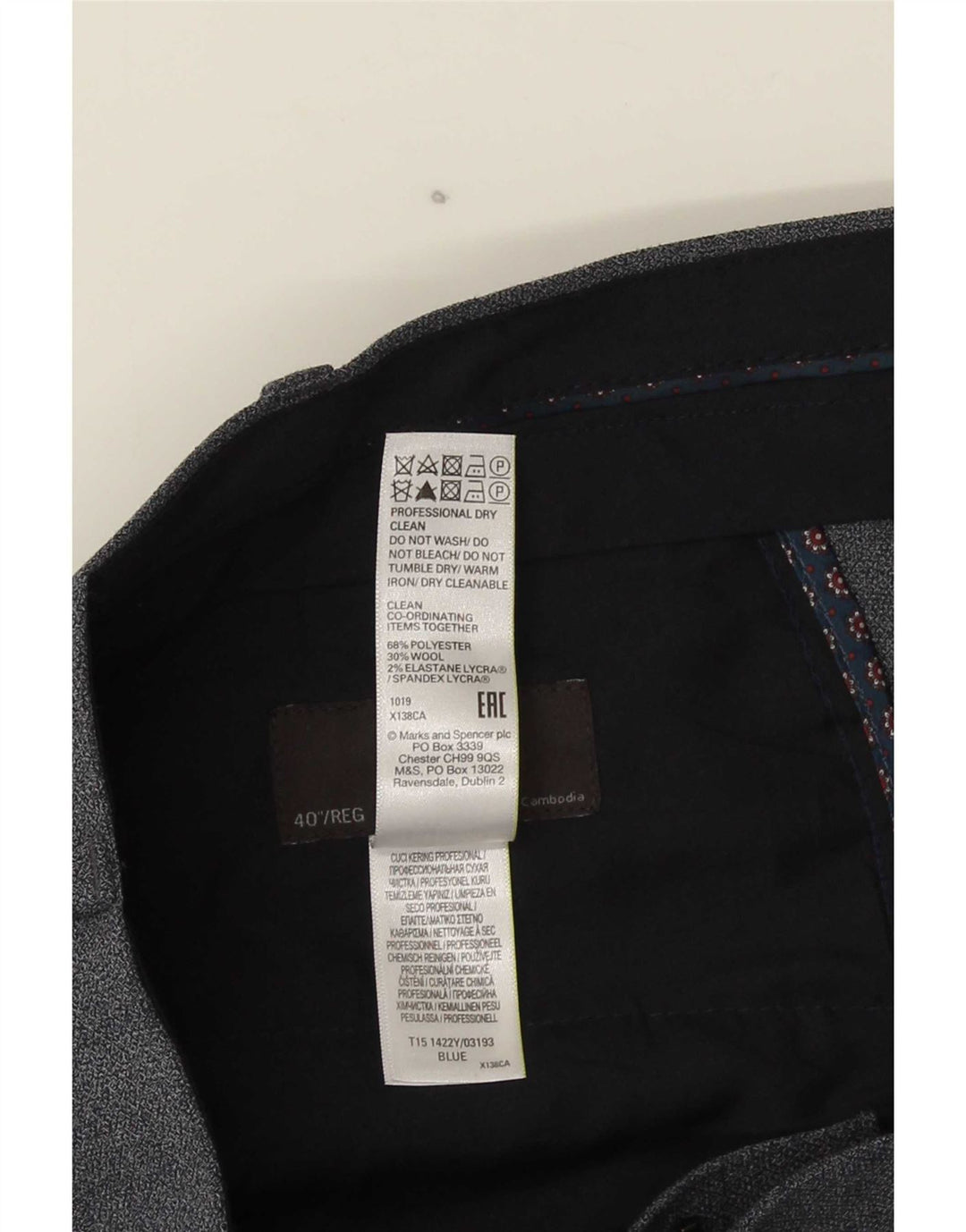 Calça masculina de terno regular Marks & Spencer W40 L31 azul poliéster