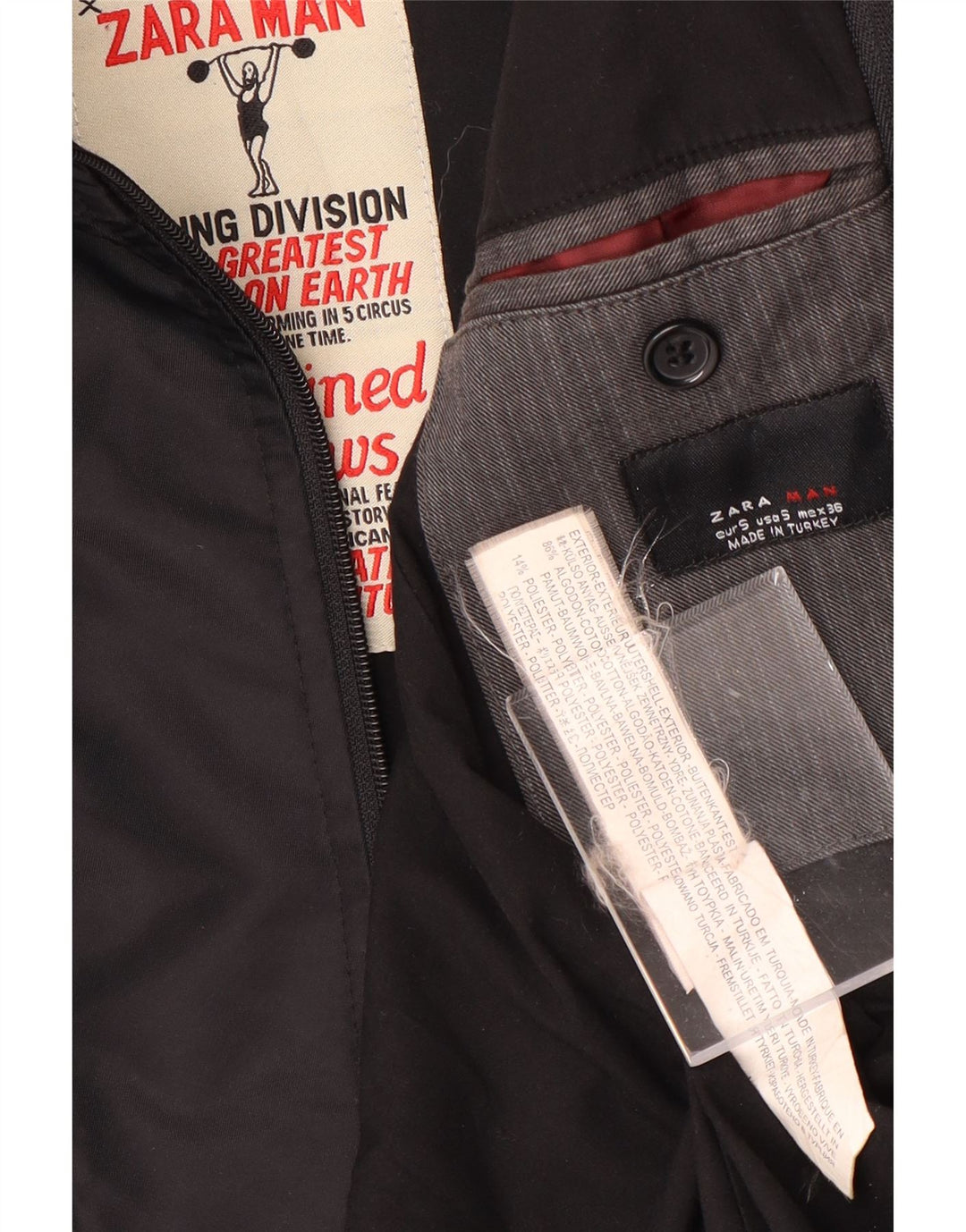 Jaqueta blazer masculina Zara com 2 botões Reino Unido 36 algodão listrado cinza pequeno