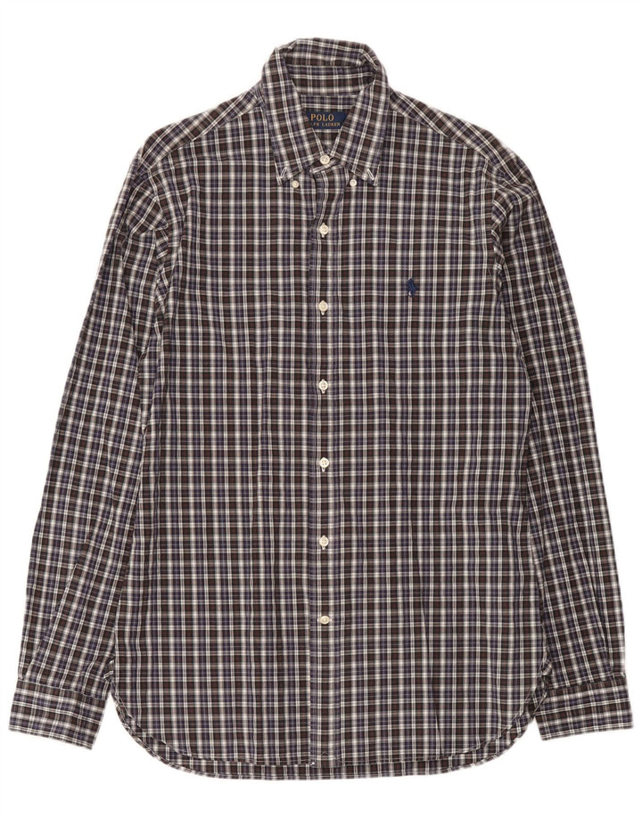 Polo Ralph Lauren Camisa masculina tamanho 15 médio azul marinho xadrez algodão