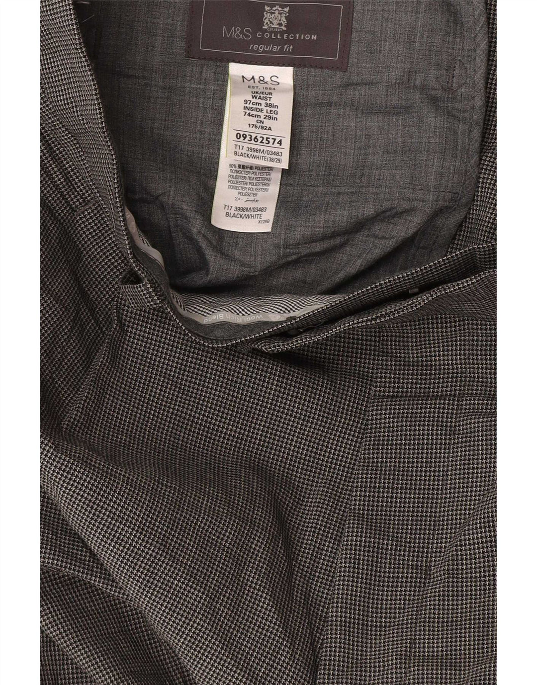 Calça masculina de terno reto Marks & Spencer W38 L29 cinza Houndstooth