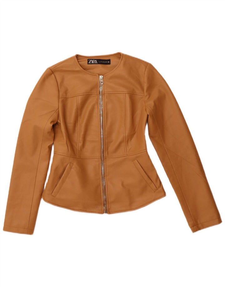 Zara Womens Crop Faux Leather Jacket UK 10 Pequeno Poliéster Bege