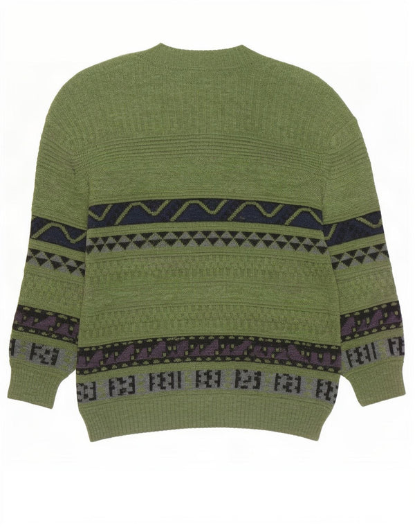 Suéter vintage masculino com gola redonda, verde médio geométrico