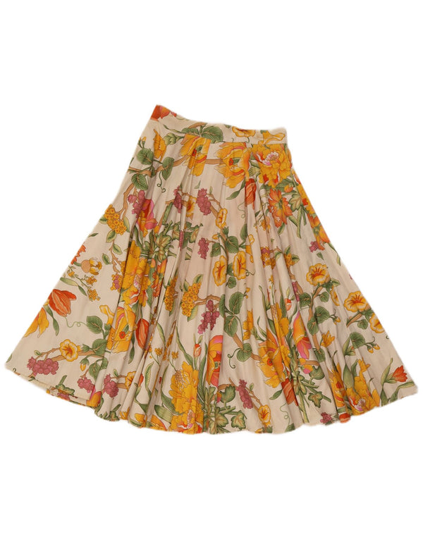 Saia plissada feminina vintage Reino Unido 12 médio W26 algodão floral branco