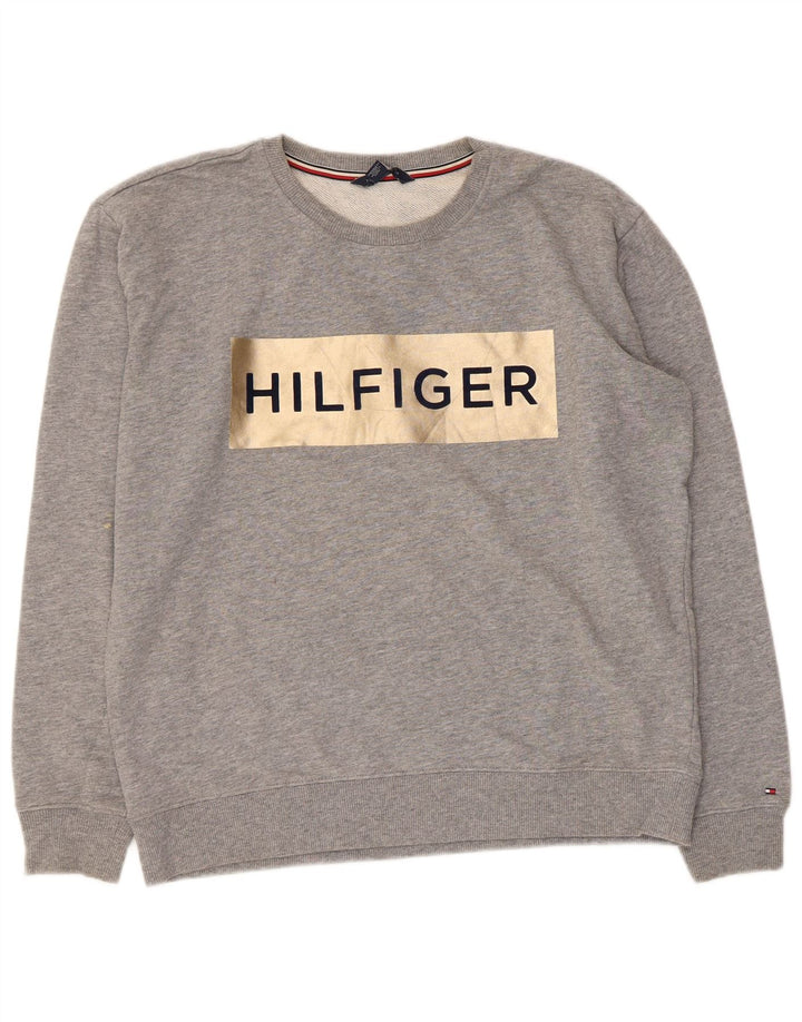 Tommy Hilfiger moletom gráfico masculino jumper médio cinza algodão manchado