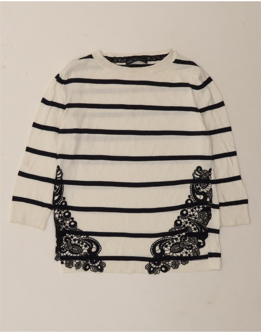 Top feminino Marks & Spencer manga 3/4 UK 8 pequeno algodão listrado branco